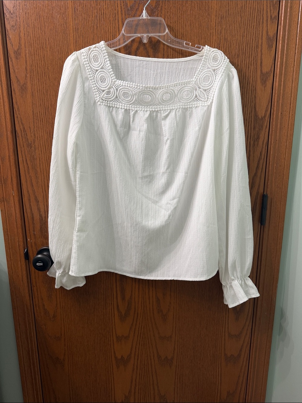 Women's White Peasant Blouse with Crochet Yoke